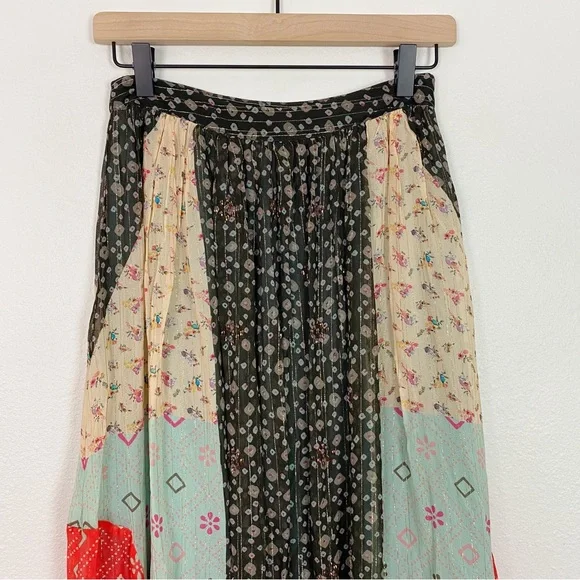 NWT Verb Pallavi Singhee Margot Pleated Maxi Skirt Metallic Mix Print 0 Petite - Picture 5 of 9